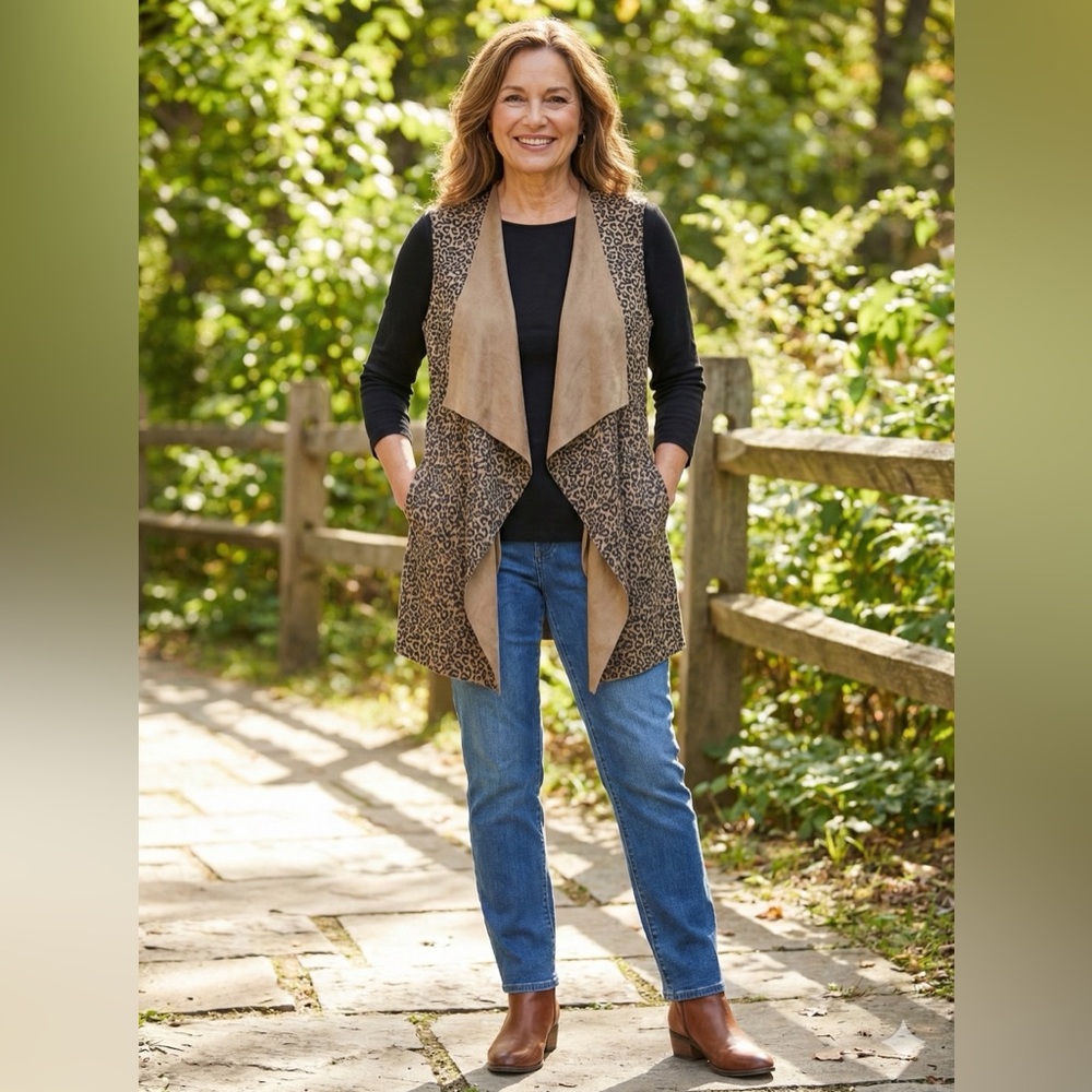 Westbound Tan and Black Animal Print Waterfall Vest with Pockets